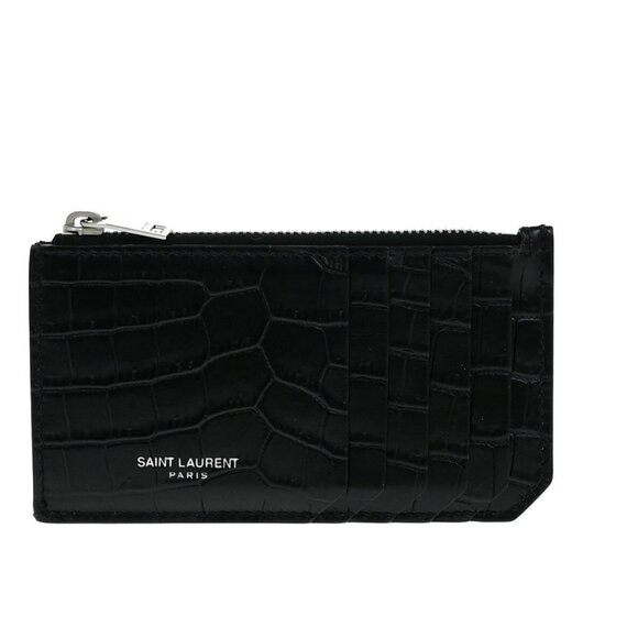 SAINT LAURENT Logo Compact Card Case Coin Wallet Embossing Leather Black 62EE084 - Picture 1 of 15